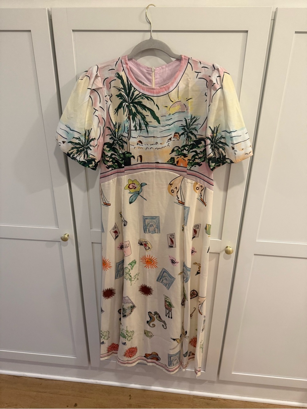 Women’s Tropical Print Cream and Pastel Short-Sleeve Dress